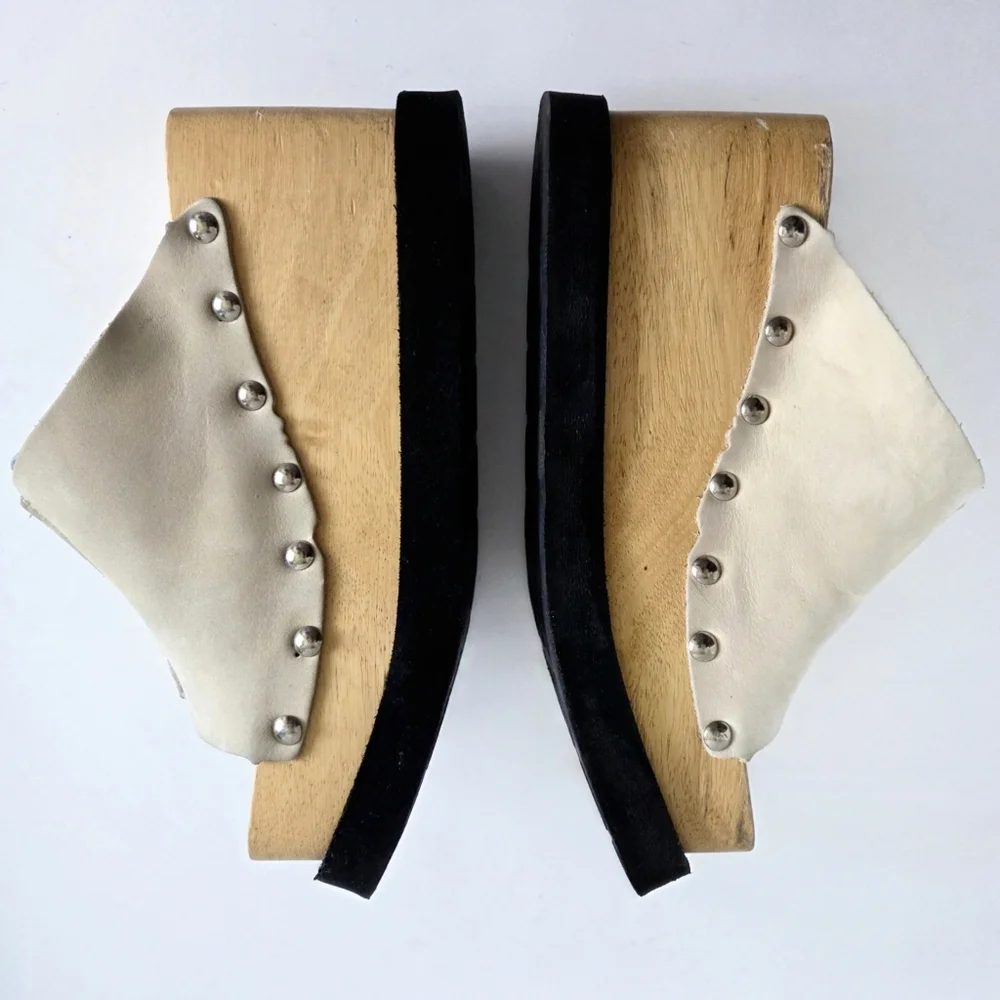 Thick Wood Platforms With Flower, Soft Floppy Leather Uppers & Silver Studs 7.5